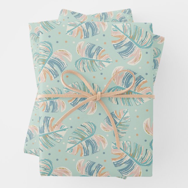 Monstera Leaf - Turquoise, Green, Coral, Mustard Wrapping Paper Sheets (In situ)
