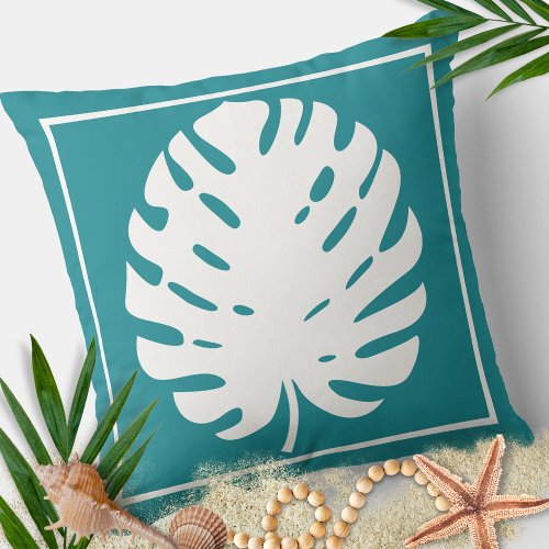 Monstera Leaf Turquoise White Coastal Modern Throw Pillow