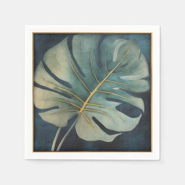 Monstera leaf with gold detail and dark blue napkins (Front)
