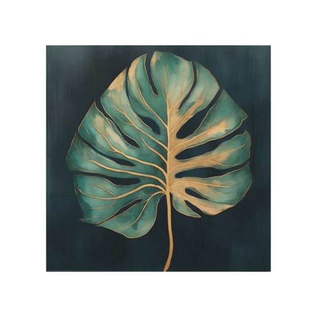 Monstera leaf with gold detail and dark blue wood wall art (Front)