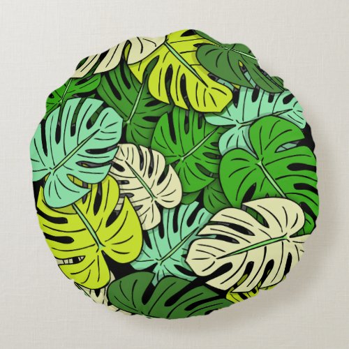 Monstera Leaves 3 Round Pillow