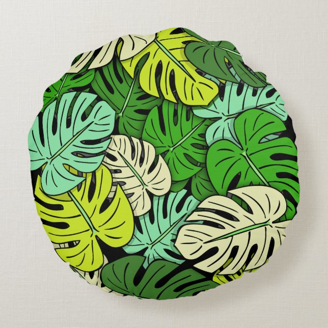 Monstera Leaves #3 Round Pillow (Back)