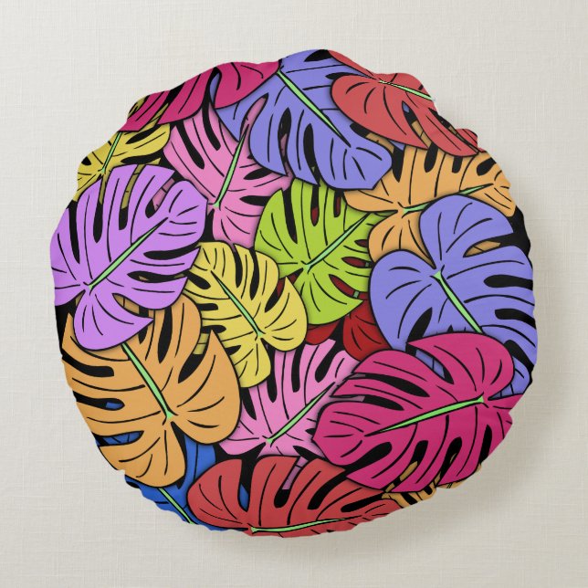 Monstera Leaves #5 Round Pillow (Back)