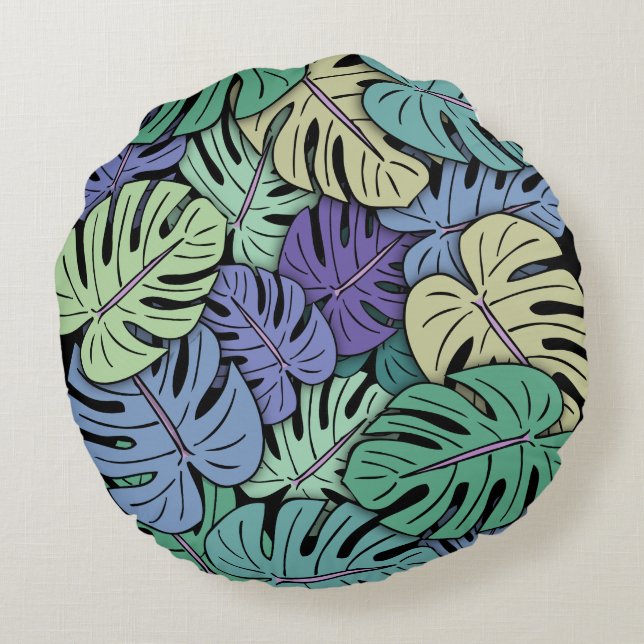 Monstera Leaves #6 Round Pillow (Back)