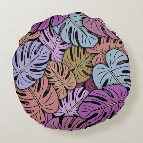 Monstera Leaves 7 Round Pillow