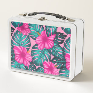 Monstera Leaves and Hibiscus, Teal and Pink Metal Lunch Box