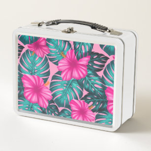 Monstera Leaves and Hibiscus, Teal and Pink  Metal Lunch Box