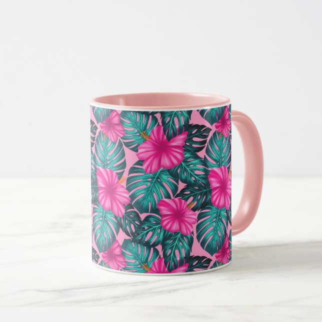 Monstera Leaves and Hibiscus, Teal and Pink  Mug (Front Right)