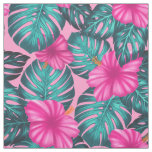 Monstera leaves and Hibiscus Teal and Pink on Pink Fabric