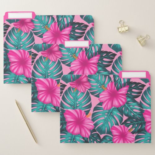 Monstera leaves and Hibiscus Teal and Pink on Pink File Folder