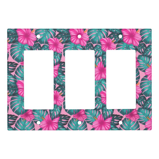 Monstera leaves and Hibiscus Teal and Pink on Pink Light Switch Cover (Front)