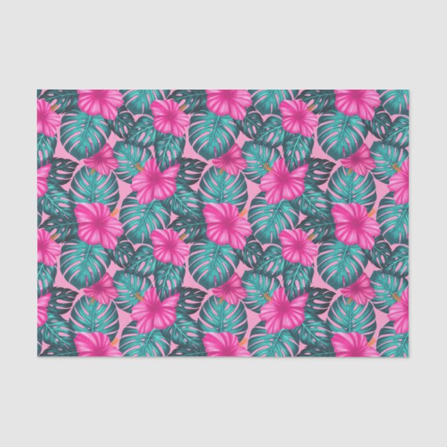 Monstera leaves and Hibiscus Teal and Pink on Pink Tissue Paper (Front)