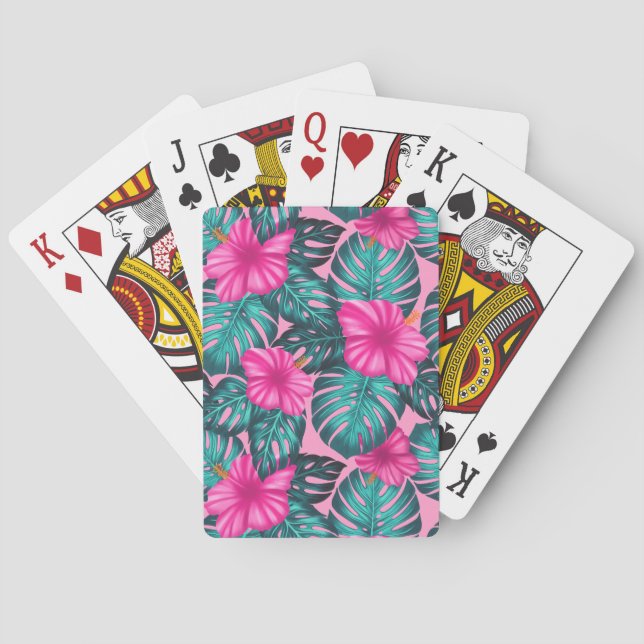 Monstera Leaves and Hibiscus, Teal and Pink Poker Cards (Back)