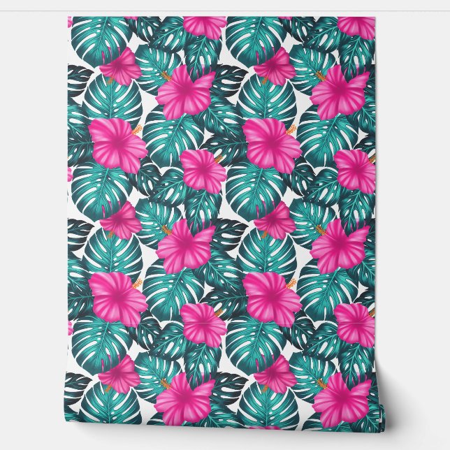 Monstera leaves and Hibiscus Teal and Pink Wallpaper (Unrolling)