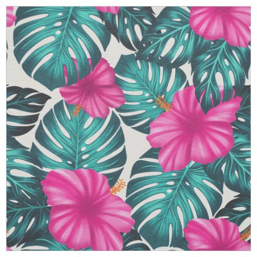 Monstera Leaves and Hibiscus, Teal Pink on White Fabric