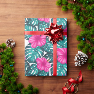 Monstera Leaves and Hibiscus, Teal Pink on White Wrapping Paper