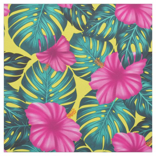 Monstera Leaves and Hibiscus, Teal Pink on Yellow Fabric