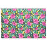 Monstera Leaves and Hibiscus, Teal Pink on Yellow Fabric