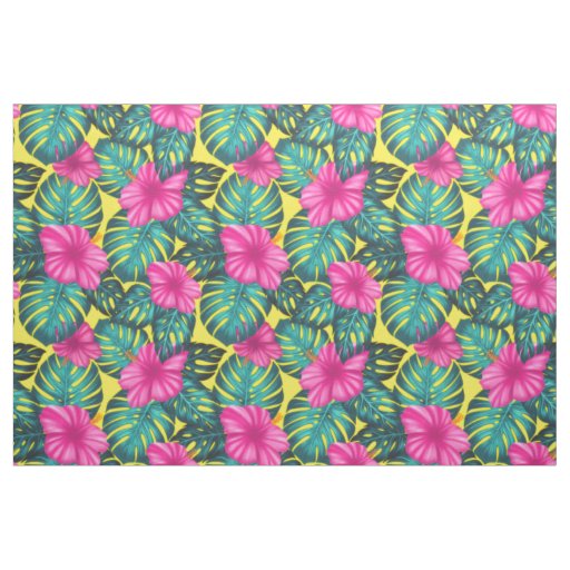 Monstera Leaves and Hibiscus, Teal Pink on Yellow Fabric