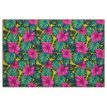 Monstera Leaves and Hibiscus, Teal Pink on Yellow Fabric