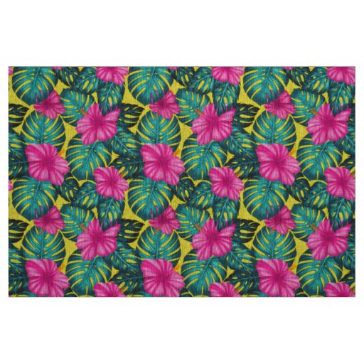 Monstera Leaves and Hibiscus, Teal Pink on Yellow Fabric