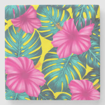Monstera Leaves and Hibiscus, Teal Pink on Yellow