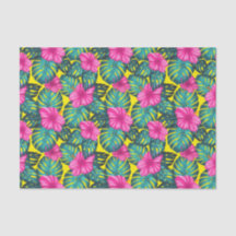 Monstera Leaves and Hibiscus, Teal Pink on Yellow