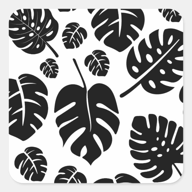 Monstera Leaves Black and White Minimalist Pattern Square Sticker (Front)