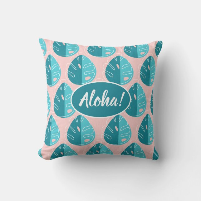 Monstera Leaves - Blue and Pink Outdoor Pillow (Front)