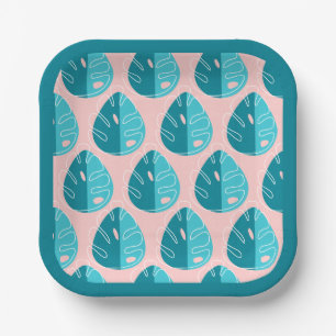 Monstera Leaves - Blue and Pink Paper Plates