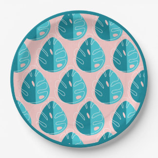 Monstera Leaves - Blue and Pink Paper Plates