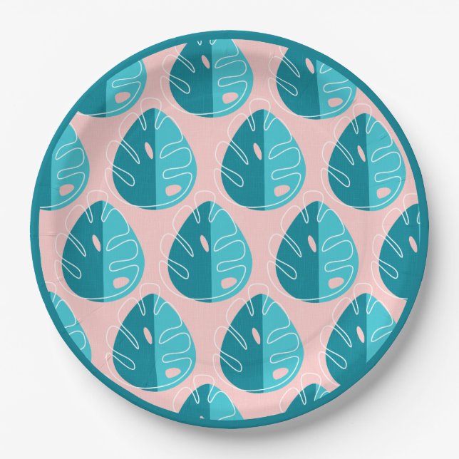 Monstera Leaves - Blue and Pink Paper Plates (Front)