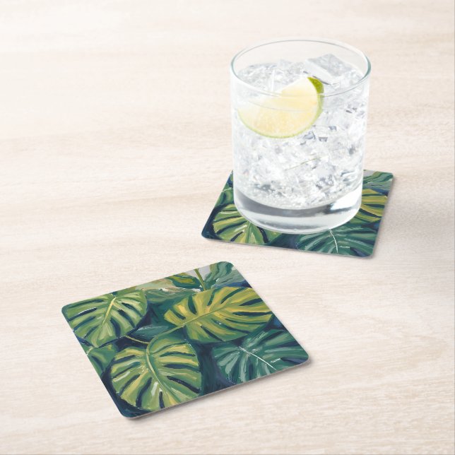 Monstera Leaves Botanical Watercolor Square Paper Coaster (Insitu)