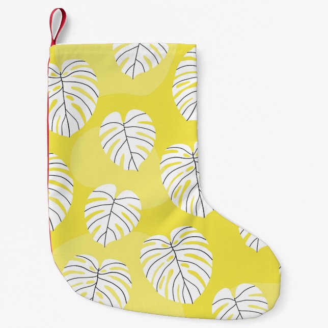 Monstera leaves, bright yellow background. small christmas stocking (Front)