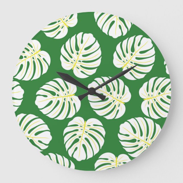 Monstera Leaves, Dark Green Vintage. Large Clock (Front)