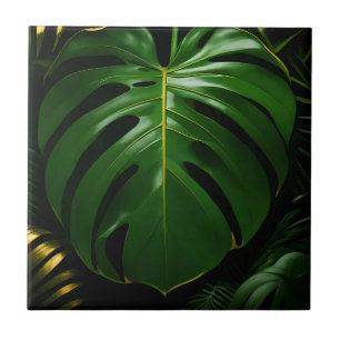 Monstera Leaves Gold Jungle Glamour Ceramic Tile