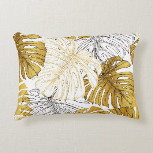 Monstera Leaves Golden White Accent Pillow