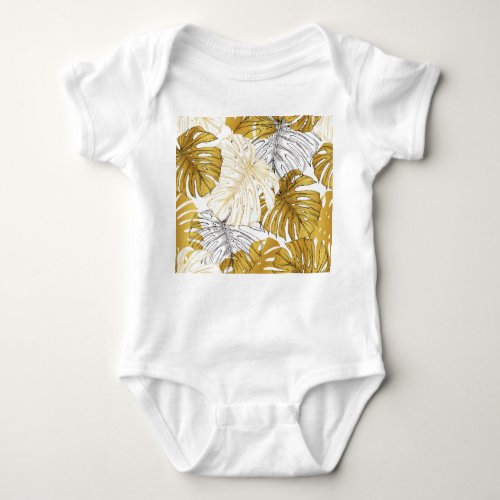 Monstera Leaves Golden White Baby Bodysuit