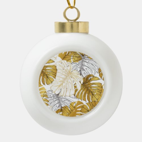 Monstera Leaves Golden White Ceramic Ball Christmas Ornament