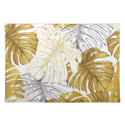 Monstera Leaves Golden White Cloth Placemat