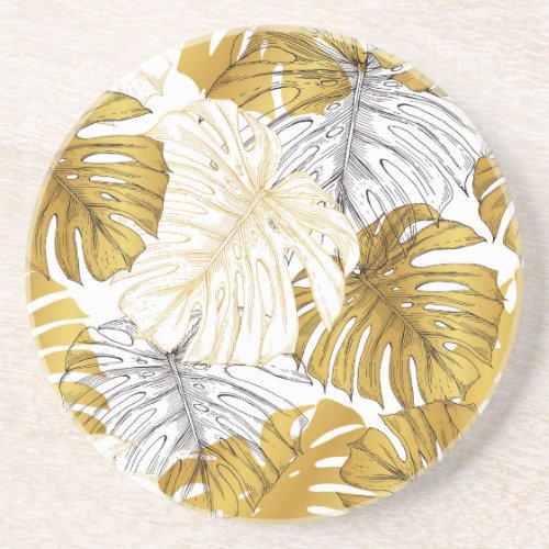 Monstera Leaves Golden White Coaster
