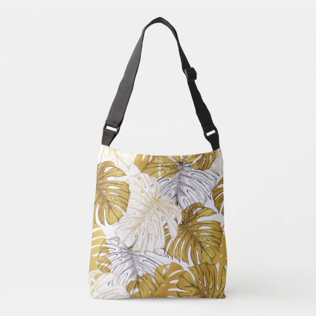 Monstera Leaves: Golden White Crossbody Bag (Front)