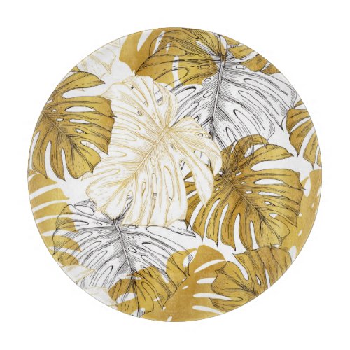 Monstera Leaves Golden White Cutting Board
