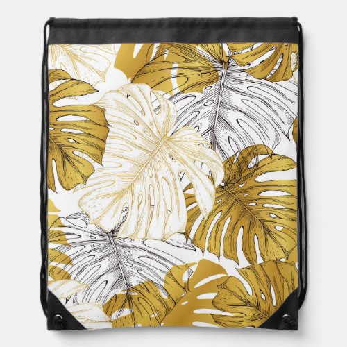 Monstera Leaves Golden White Drawstring Bag