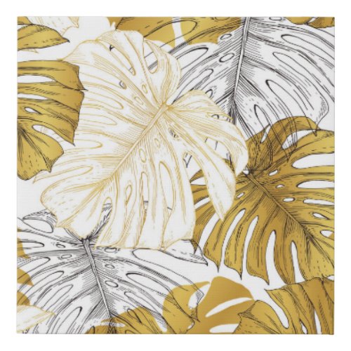 Monstera Leaves Golden White Faux Canvas Print