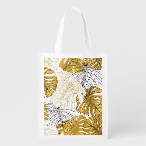 Monstera Leaves Golden White Grocery Bag