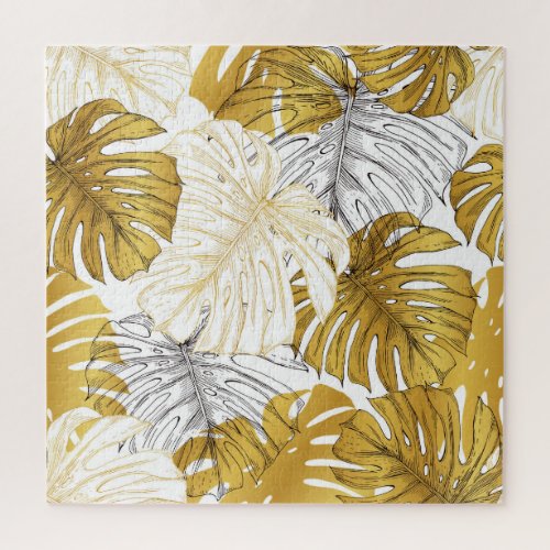 Monstera Leaves Golden White Jigsaw Puzzle