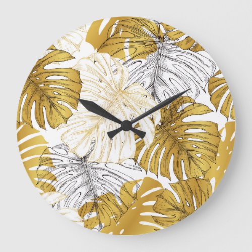 Monstera Leaves Golden White Large Clock