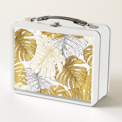 Monstera Leaves Golden White Metal Lunch Box