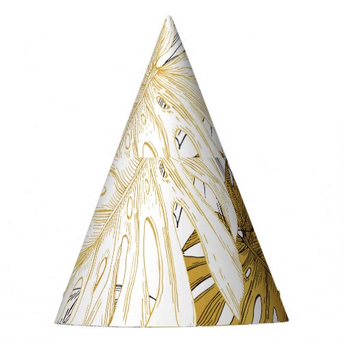 Monstera Leaves Golden White Party Hat